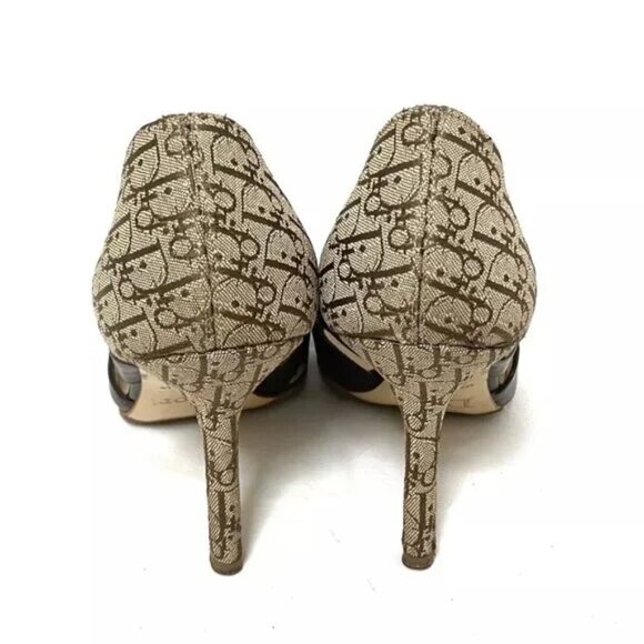 100% Auth DIOR/ChristianDior Beige Dark Brown Jacquard Leather Women's Pumps - Picture 3 of 8